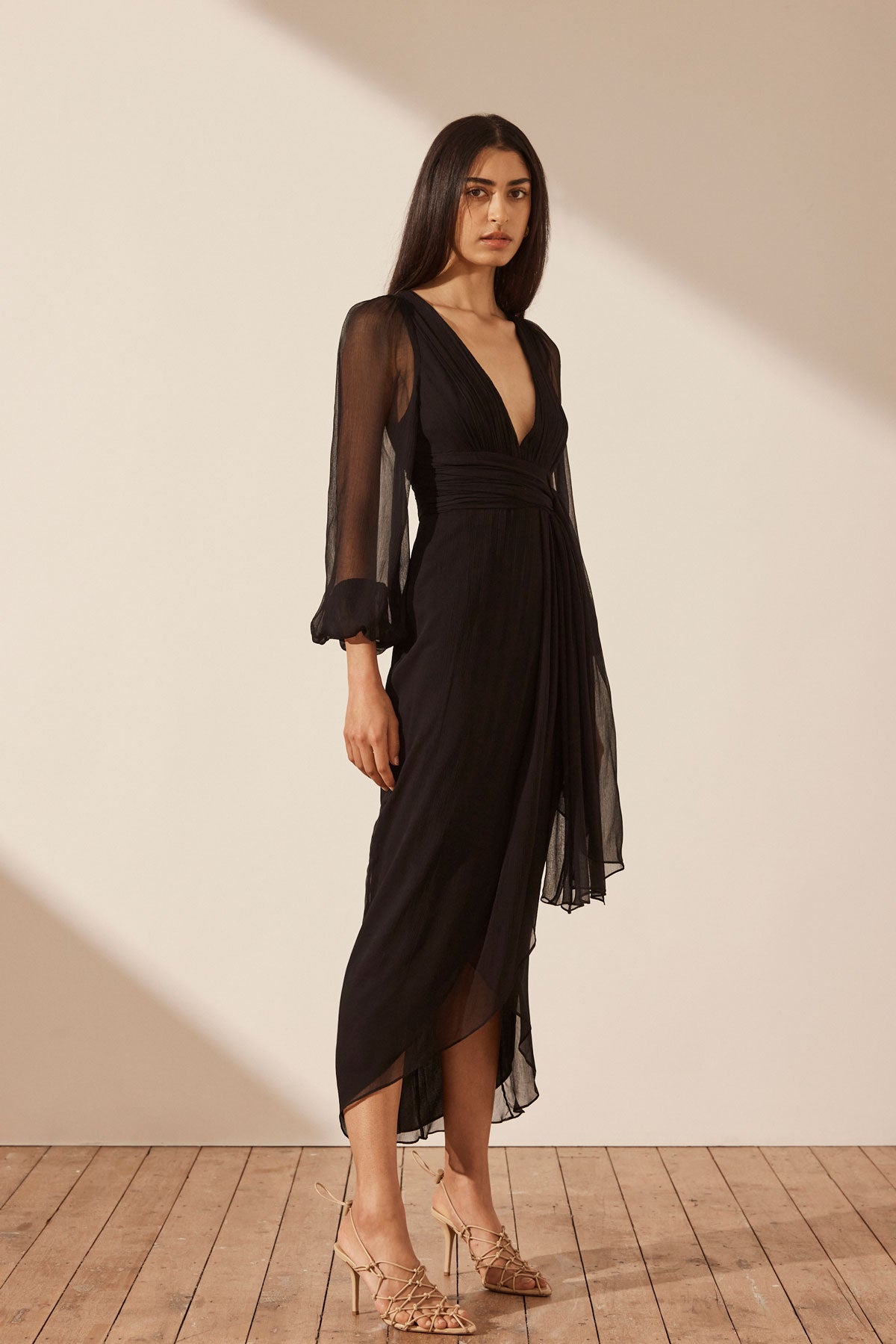 long sleeve black midi dress